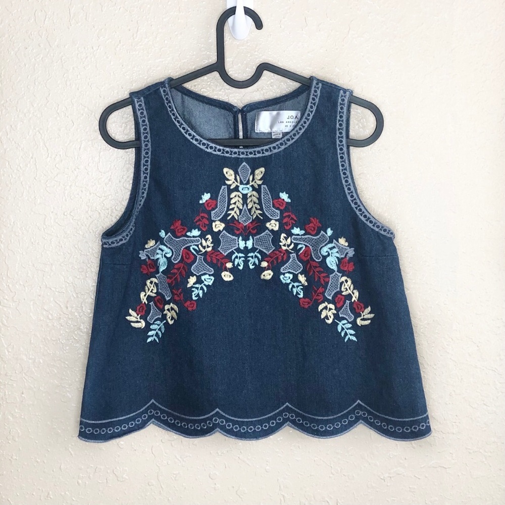 J.O.A LA Denim Embroidered Sleeveless Top